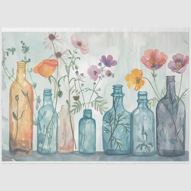 Pastel Watercolor Florals in Bottles Decoupage Tissue Paper (Front)