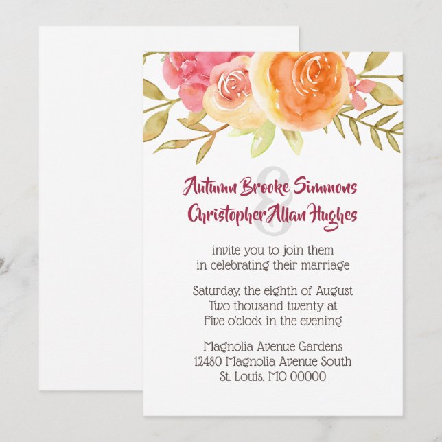 Pastel Watercolor Florals Wedding Invitation (Front/Back)