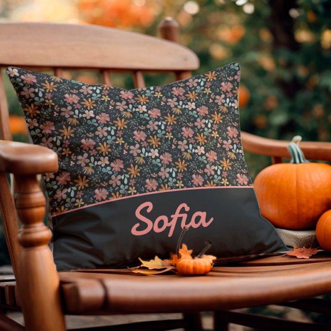 Pastel watercolor flower boho black Throw Pillow (Creator Uploaded)