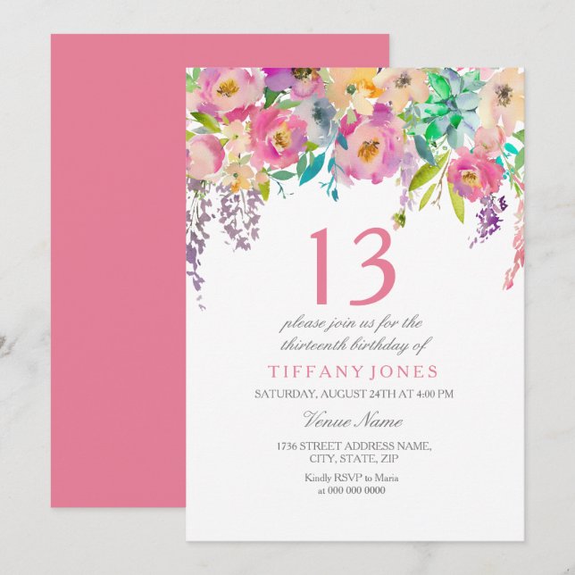 Pastel Watercolor Flower Girls 13th Birthday Party Invitation (Front/Back)