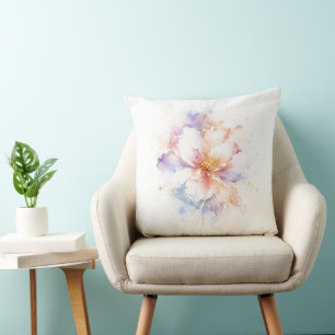 Pastel Watercolor Flower with Gold Accents Art Cushion