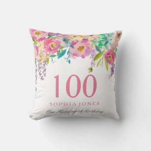 Pastel Watercolor Flowers 100th Birthday GIft Cushion