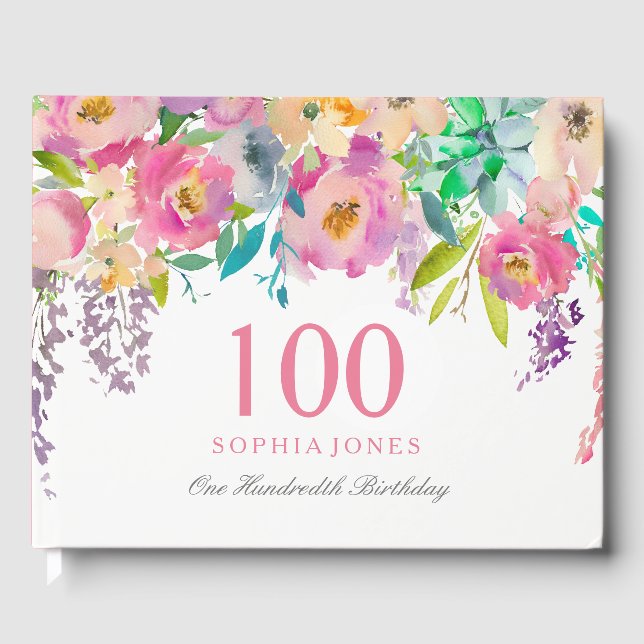 Pastel Watercolor Flowers 100th Birthday Party Guest Book (Front)