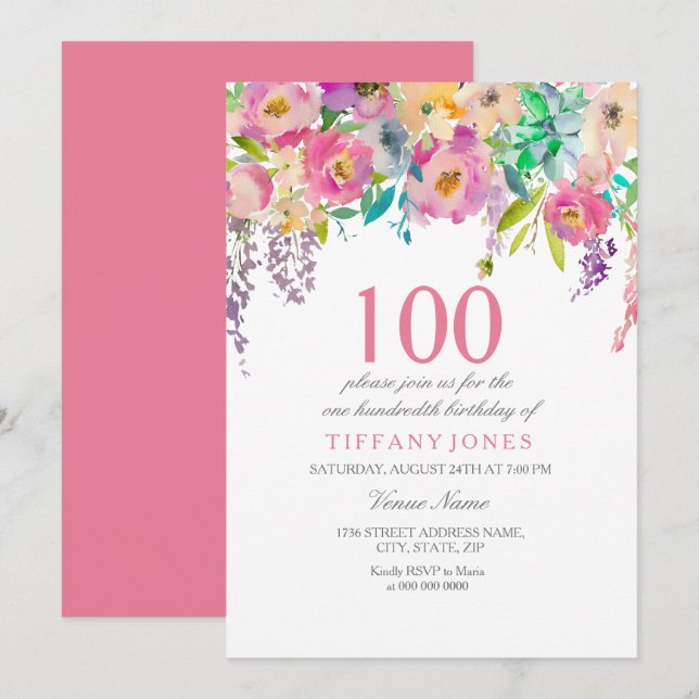 Pastel Watercolor Flowers 100th Birthday Party Invitation (Front/Back)