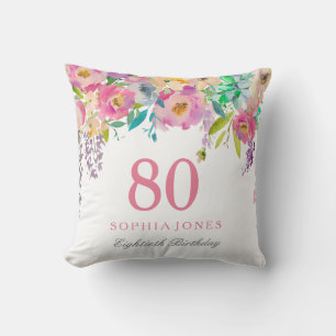 Pastel Watercolor Flowers 80th Birthday Gift Cushion