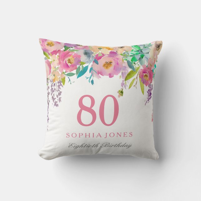 Pastel Watercolor Flowers 80th Birthday Gift Cushion (Front)