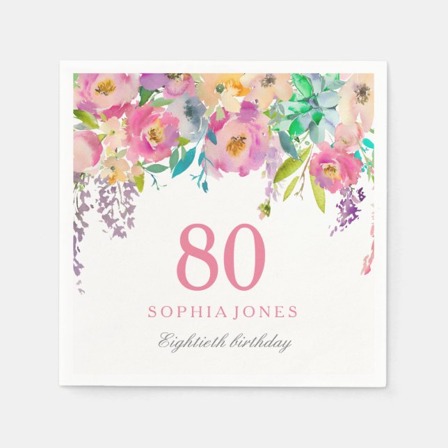 Pastel Watercolor Flowers 80th Birthday Party Napkin (Front)