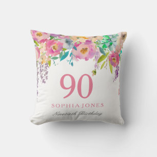 Pastel Watercolor Flowers 90th Birthday Gift Cushion