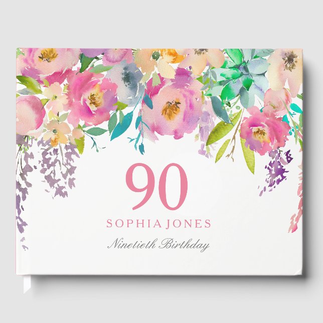 Pastel Watercolor Flowers 90th Birthday Party Guest Book (Front)