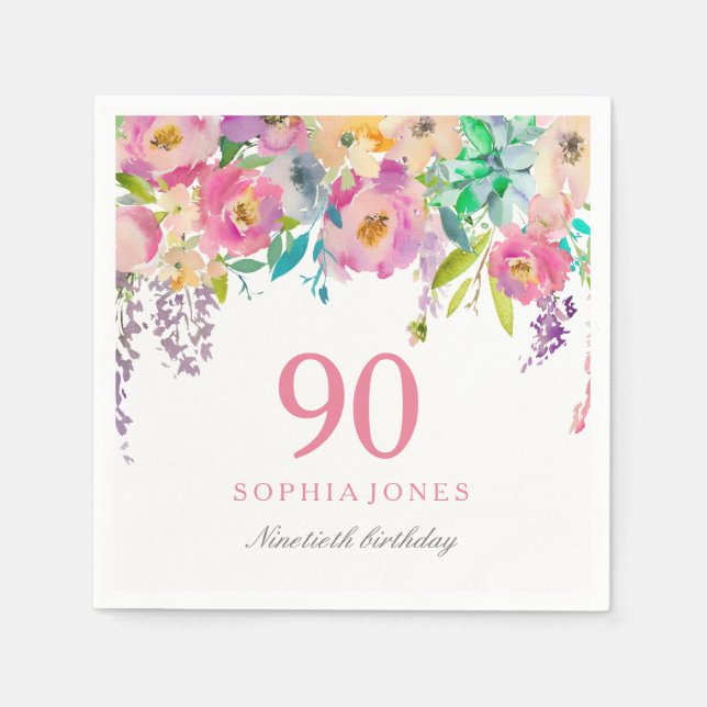 Pastel Watercolor Flowers 90th Birthday Party Napkin (Front)