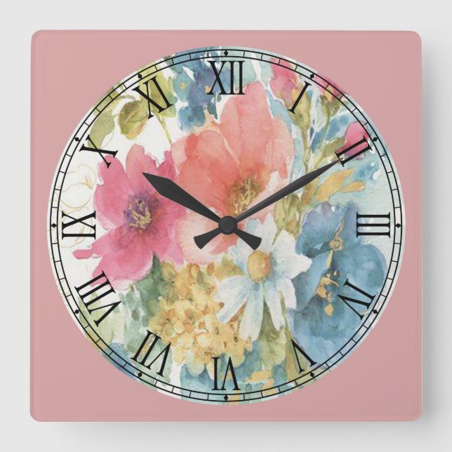 Pastel Watercolor Flowers Fine Art Square Wall Clock (Front)
