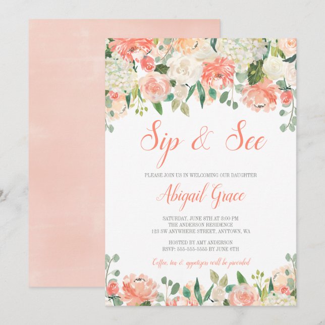 Pastel Watercolor Flowers Girl Sip and See Invites (Front/Back)
