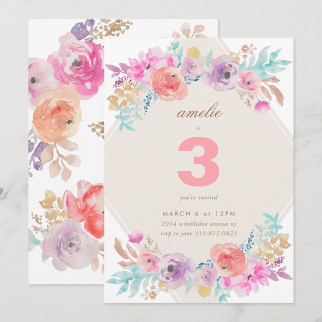 Pastel Watercolor Flowers Kids Birthday Invitation (Front/Back)
