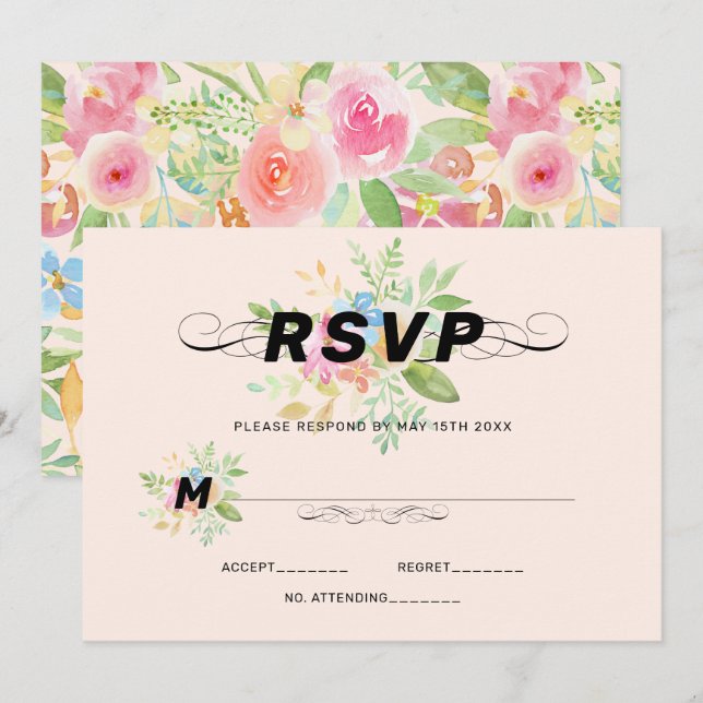Pastel watercolor flowers modern calligraphy acc invitation (Front/Back)