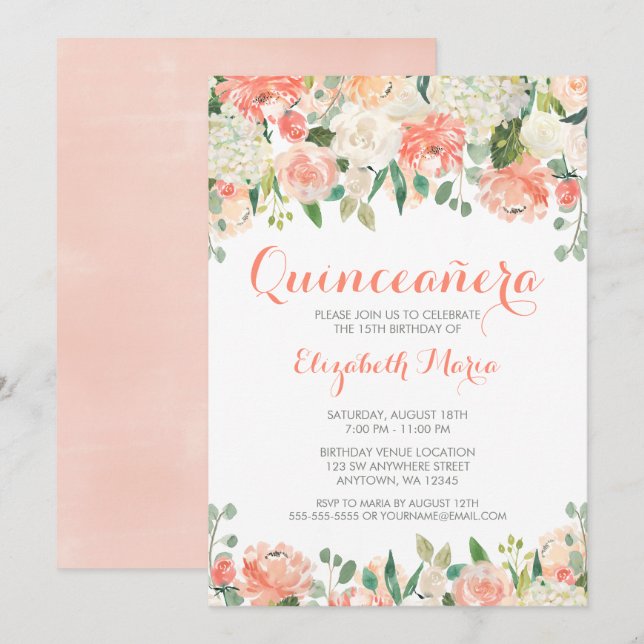 Pastel Watercolor Flowers Quinceañera Invitation (Front/Back)