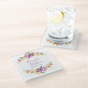 Pastel Watercolor Flowers Wedding Wreath Glass Coaster