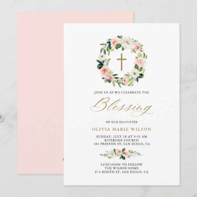 Pastel Watercolor Flowers Wreath Baby Blessing Invitation (Front/Back)