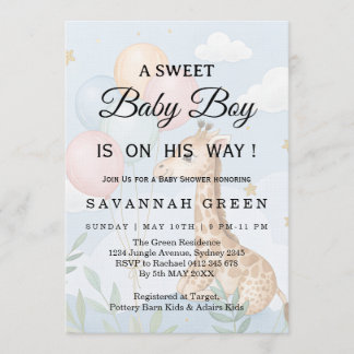 Pastel Watercolor Giraffe Baby Boy Invite