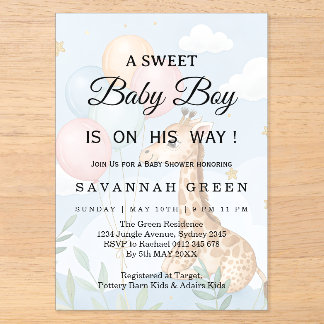 Pastel Watercolor Giraffe Baby Boy Invite Acrylic Invitations