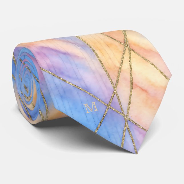 Pastel Watercolor Gold Accent Lines Silk Monogram Tie (Rolled)