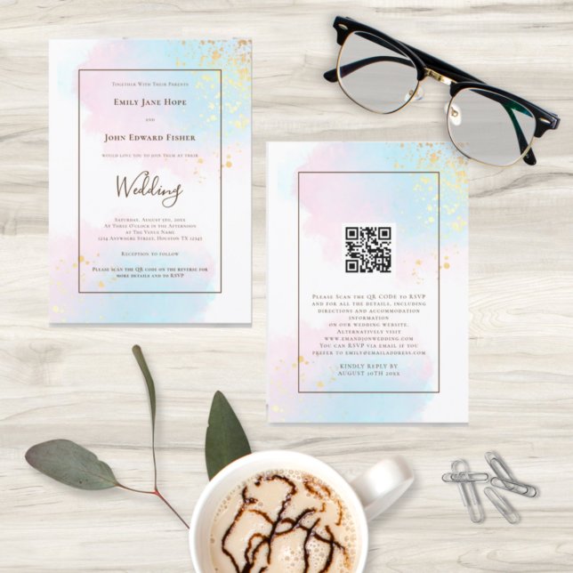 Pastel Watercolor Gold Splashes QR Code Wedding Invitation (Creator Uploaded)
