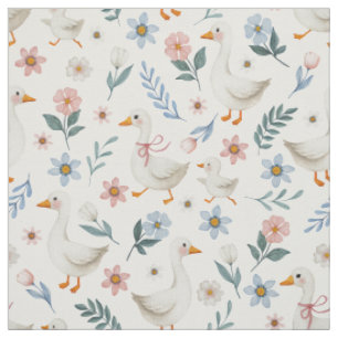 Pastel Watercolor Goose and Florals on white Fabric