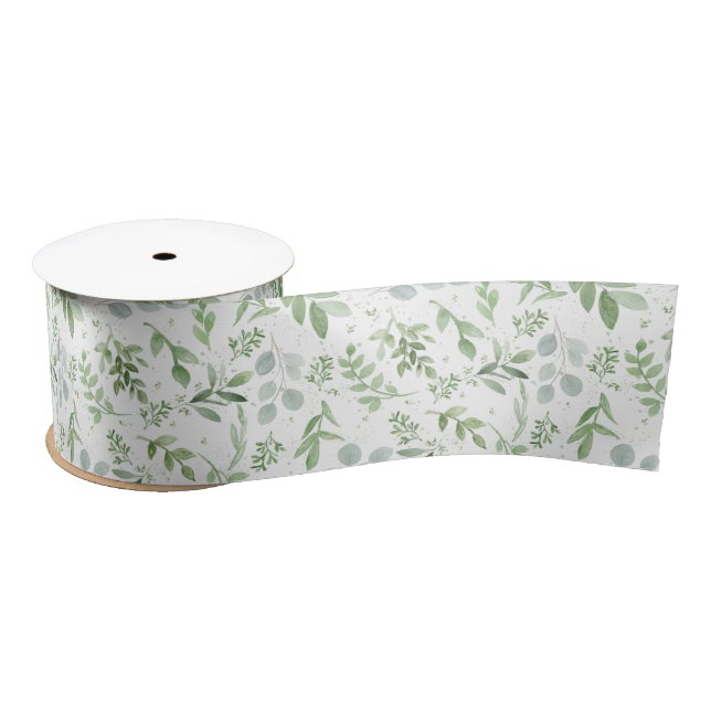 Pastel Watercolor Greenery Eucalyptus Pattern Satin Ribbon (Spool)