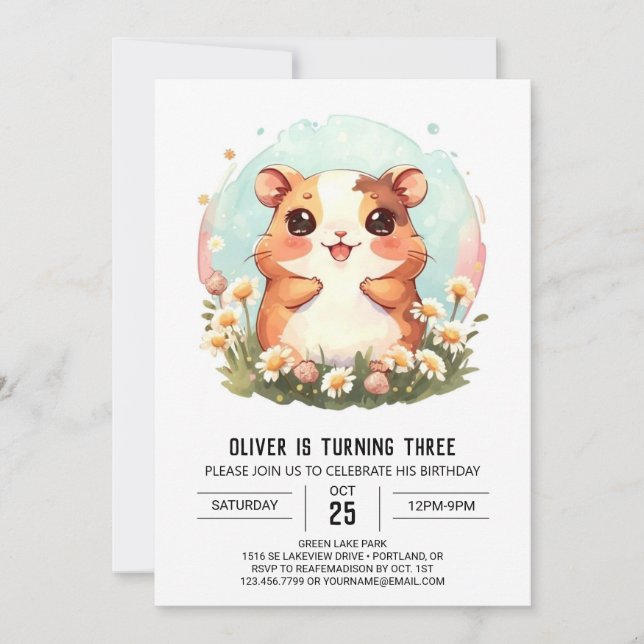 Pastel Watercolor Hamster Birthday Invitation (Front)