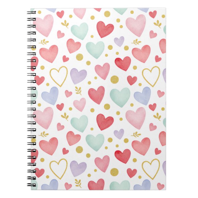 Pastel Watercolor Hearts with Gold Leaf & Glitter  Notebook (Front)