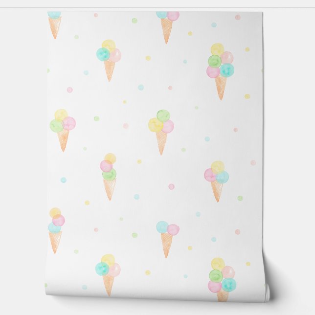 Pastel Watercolor Icecream cones and dots white Wallpaper (Unrolling)