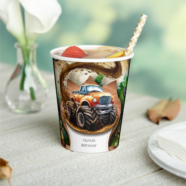 Pastel Watercolor Kids' Monster Truck Birthday Paper Cups (Insitu)