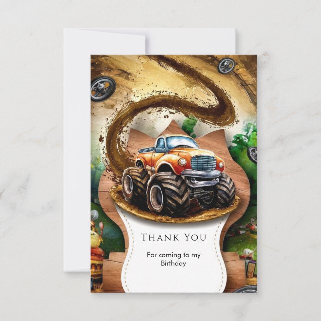 Pastel Watercolor Kids' Monster Truck Birthday Thank You Card (Front)