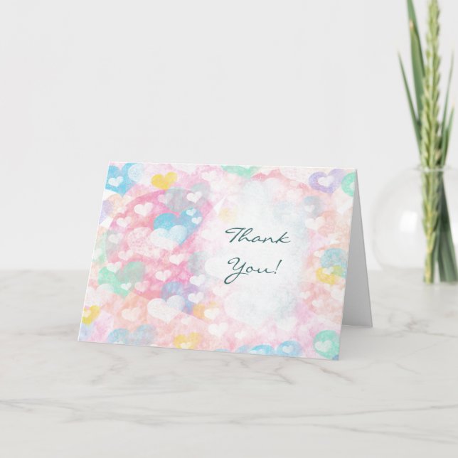 Pastel Watercolor Layered Hearts Wedding Thank You Card (Front)