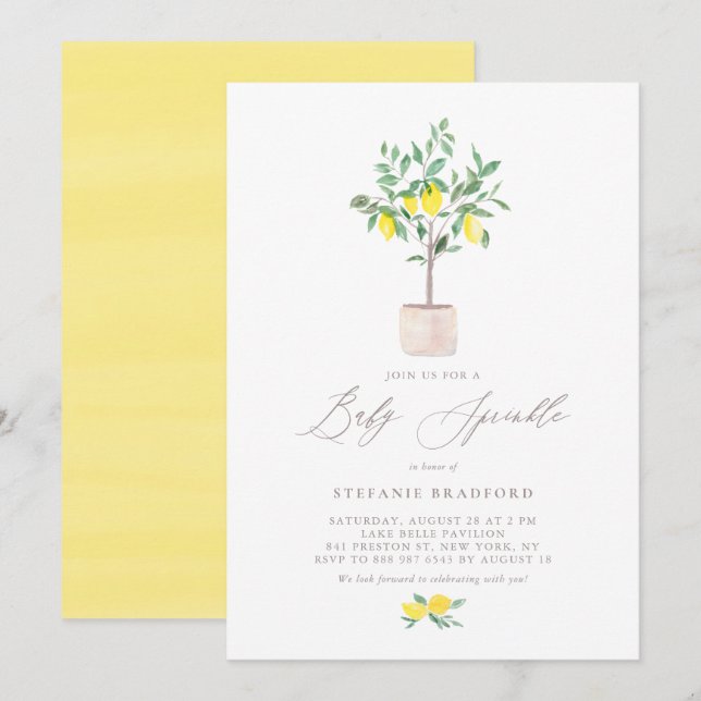 Pastel Watercolor Lemon Tree Summer Baby Sprinkle Invitation (Front/Back)
