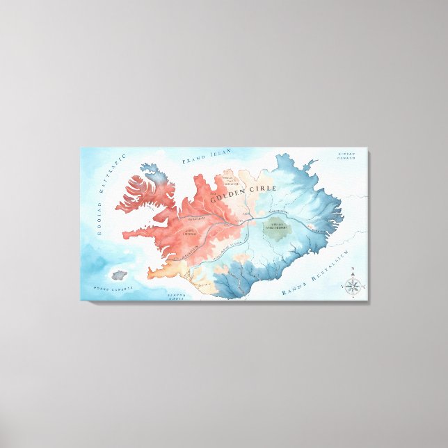 Pastel Watercolor Map of Iceland's Golden Circle  Canvas Print (Front)