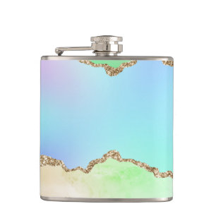 Pastel Watercolor Marble Agate Golden Glitter Hip Flask