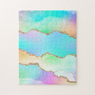 Pastel Watercolor Marble Agate Golden Glitter Jigsaw Puzzle