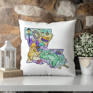 Pastel Watercolor Mardi Gras Louisiana State Cushion