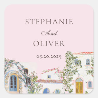 Pastel Watercolor Mediterranean Italian Wedding Square Sticker