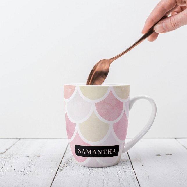 Pastel Watercolor Mermaid Scales Pattern With Name Latte Mug (Creator Uploaded)