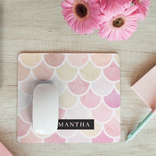 Pastel Watercolor Mermaid Scales Pattern With Name Mouse Mat (Creator Uploaded)