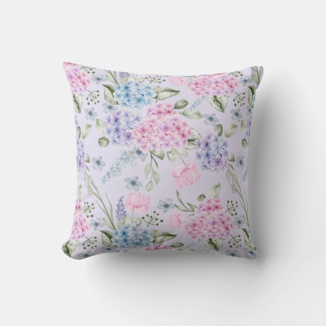 Pastel Watercolor Mixed Colour Hydrangea Flowers  Cushion (Front)