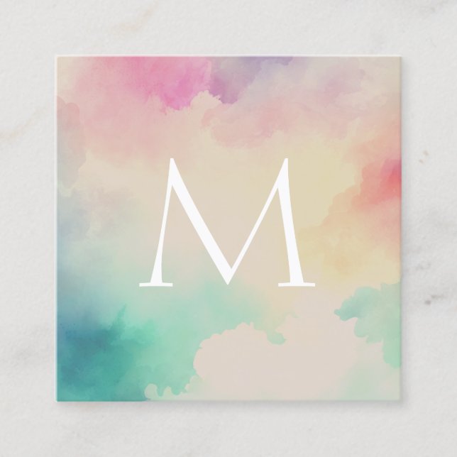 Pastel Watercolor Monogram Square Business Card (Front)