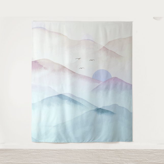 Pastel Watercolor Mountains Landscape Tapestry (Front)