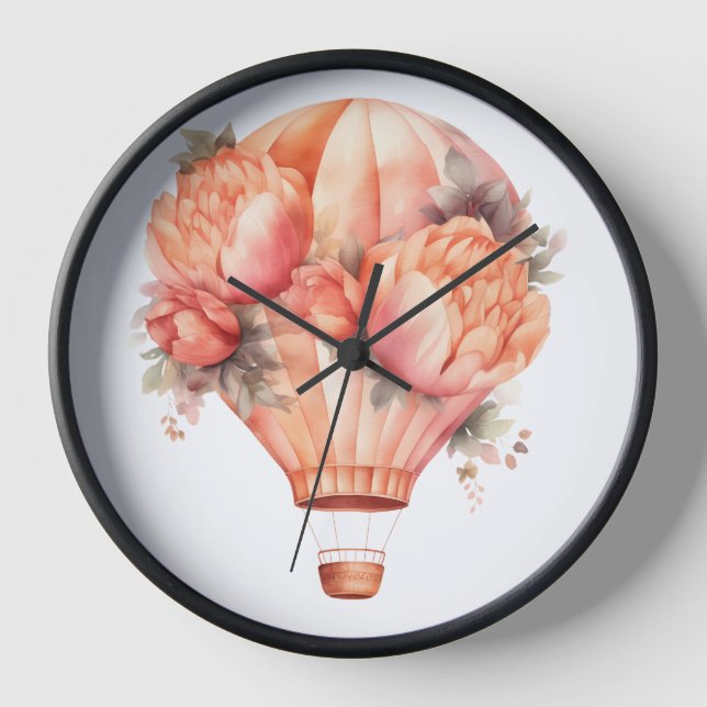 PASTEL WATERCOLOR ORANGE HOT AIR BALLOON FLOWERS CLOCK (Front)