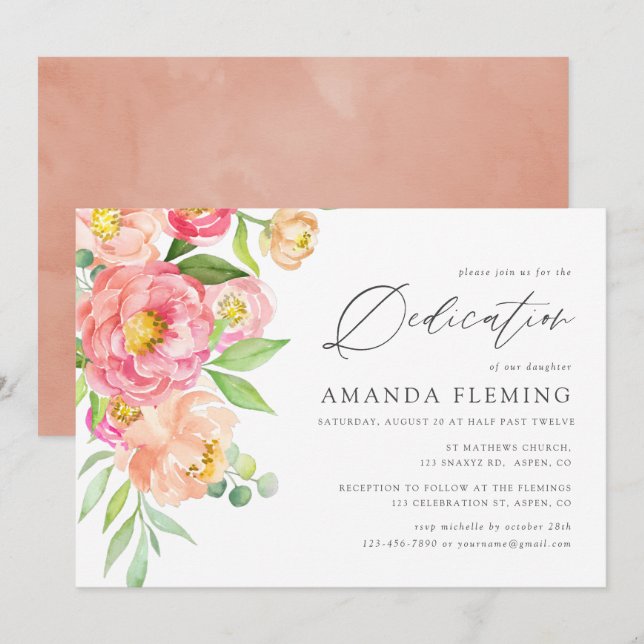 Pastel Watercolor Peonies Baptism or Christening Invitation (Front/Back)