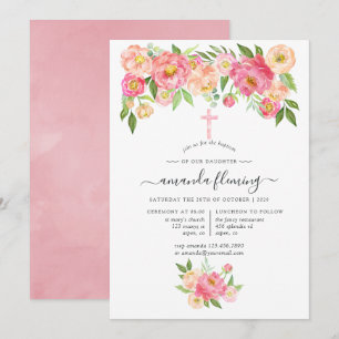 Pastel Watercolor Peonies Baptism or Christening Invitation