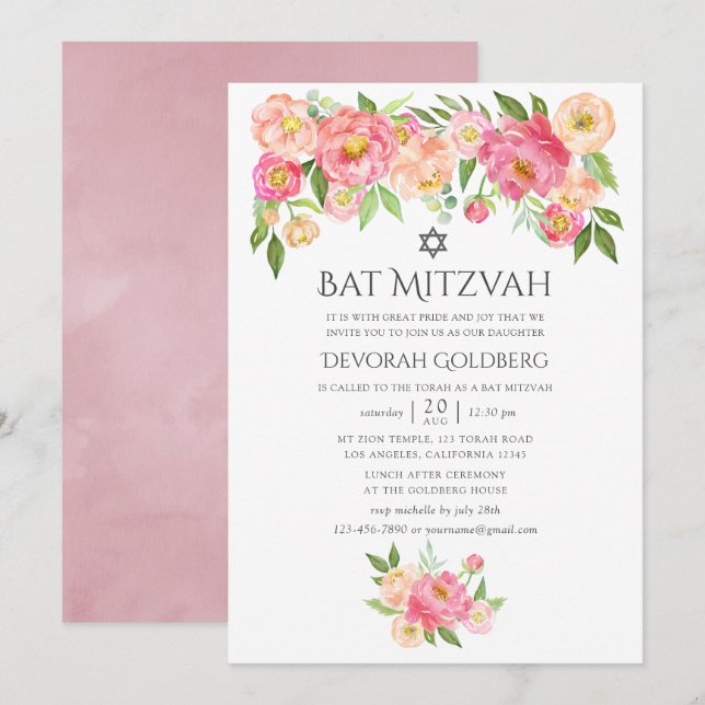 Pastel Watercolor Peonies Bat Mitzvah Invitation (Front/Back)
