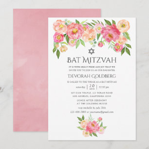 Pastel Watercolor Peonies Bat Mitzvah Invitation