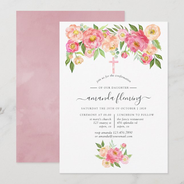 Pastel Watercolor Peonies Confirmation Invitation (Front/Back)